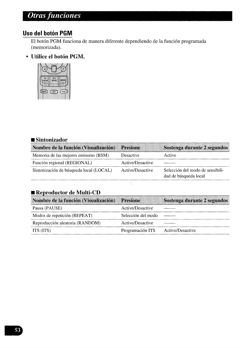 Uso del botón pgm, Utilice el botón pgm, I sintonizador | I reproductor de multi-cd, Otras funciones, Utilice el botón pgm. i sintonizador | Pioneer AVM-P7000R User Manual | Page 114 / 124