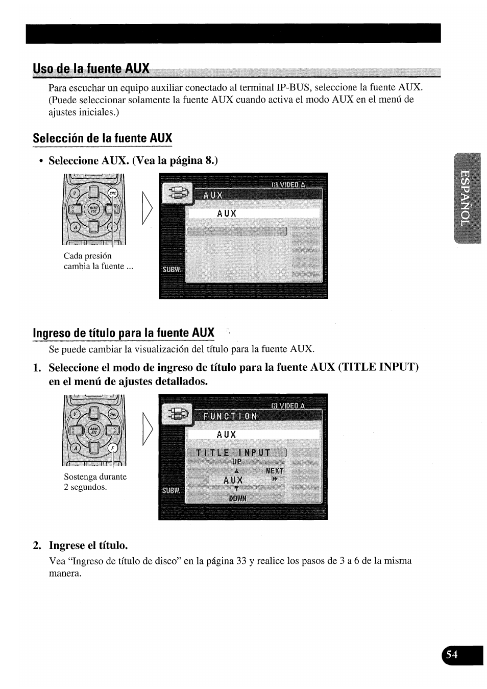 Uso de la fuente aux, Selección de la fuente aux, Ingreso de título para la fuente aux | Ingrese el título, Seleccione aux. (vea la página 8.) | Pioneer AVM-P7000R User Manual | Page 115 / 124