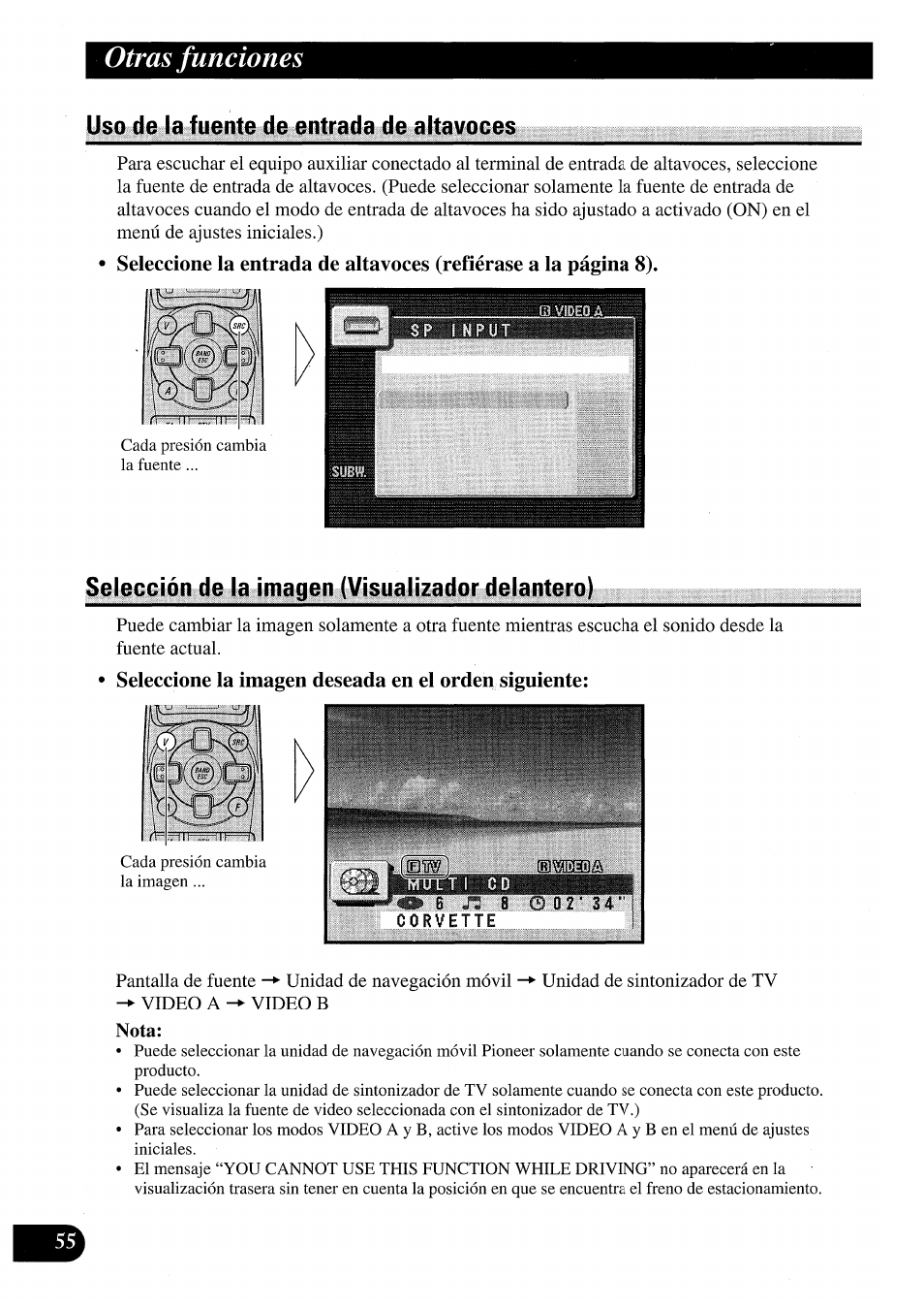 Uso de la fuente de entrada de altavoces, Selección de la imagen (visualizador delantero), Seleccione la imagen deseada en el orden siguiente | Otras funciones | Pioneer AVM-P7000R User Manual | Page 116 / 124