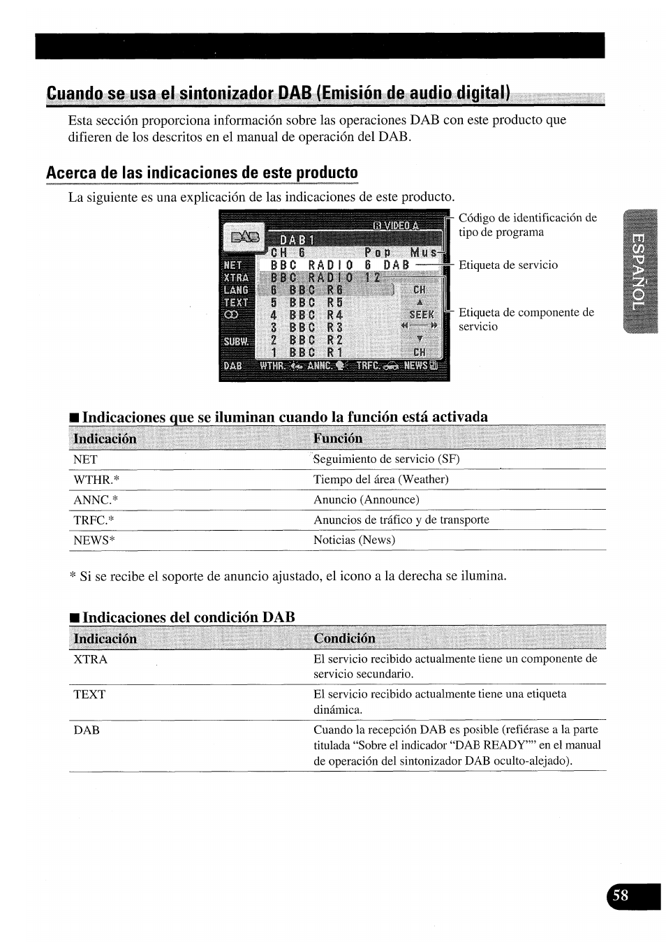 Acerca de las indicaciones de este producto, I indicaciones del condición dab | Pioneer AVM-P7000R User Manual | Page 119 / 124