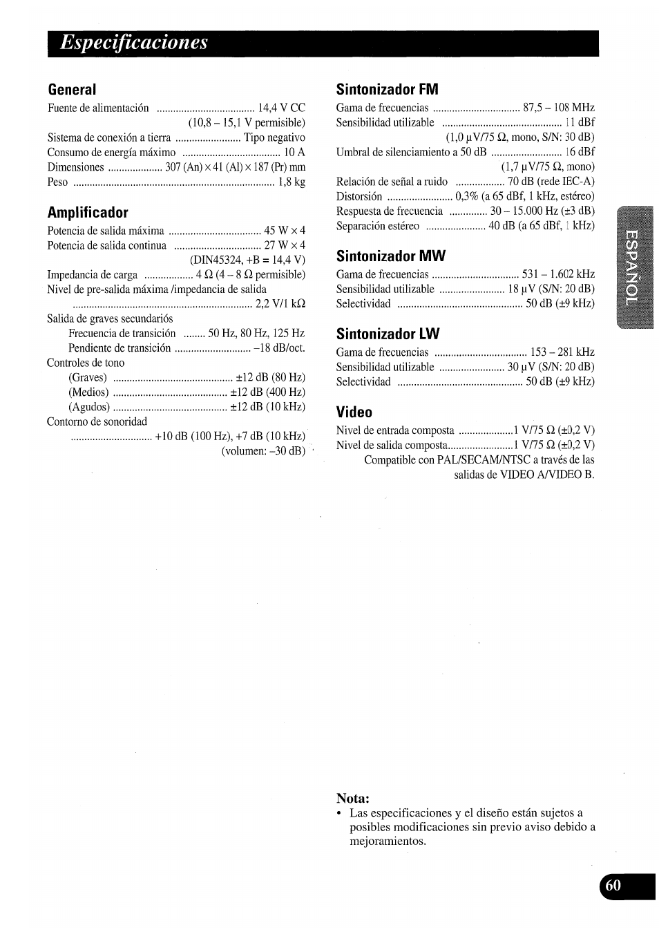 Especificaciones | Pioneer AVM-P7000R User Manual | Page 121 / 124