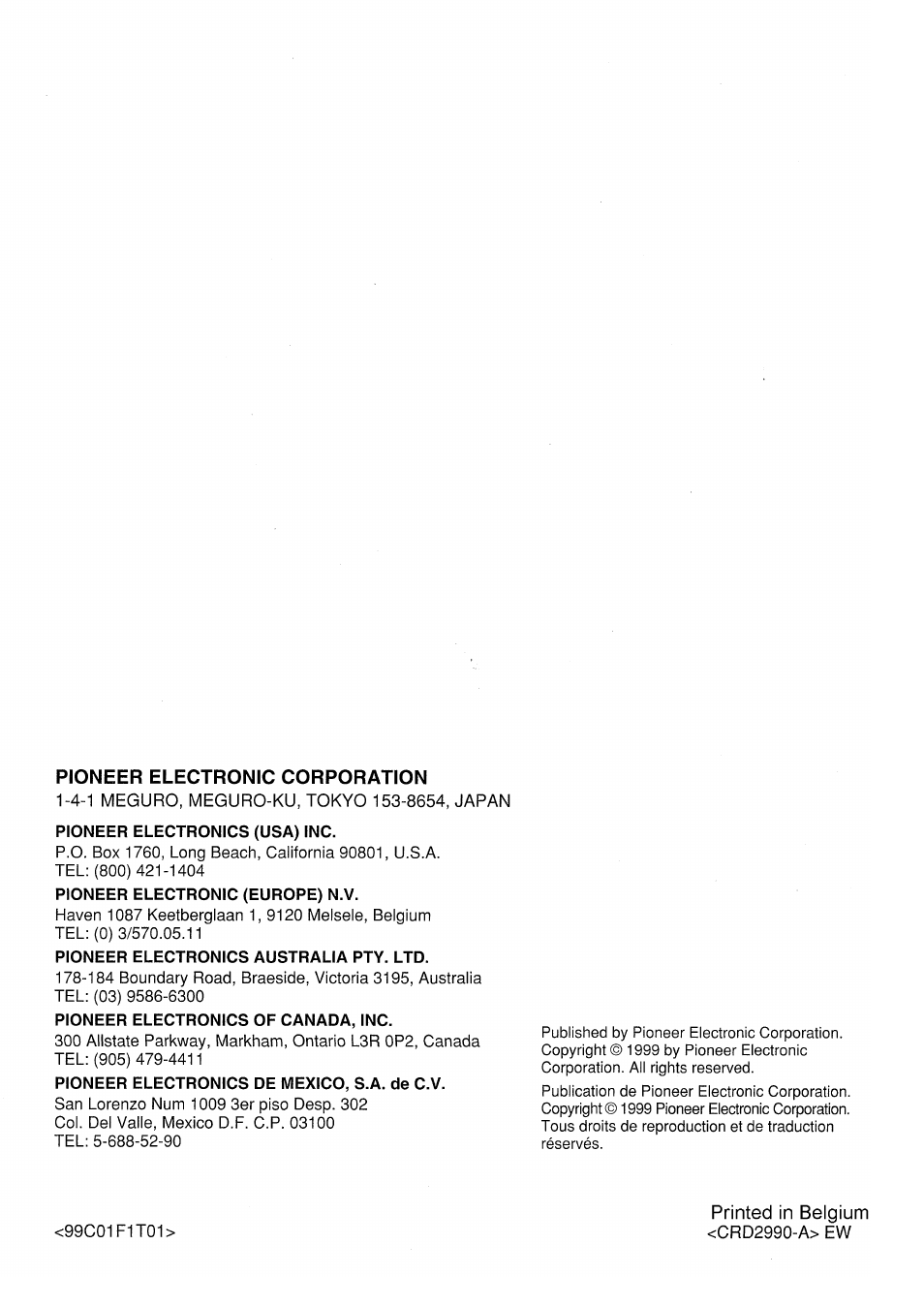 Printed in belgium | Pioneer AVM-P7000R User Manual | Page 124 / 124