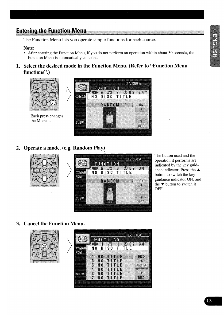 Entering the function menu, Operate a mode. (e.g. random play), Cancel the function menu | Pioneer AVM-P7000R User Manual | Page 13 / 124
