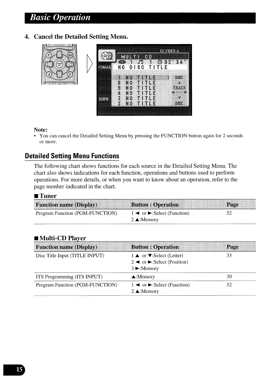Cancel the detailed setting menu, Note, Detailed setting menu functions | Tuner, Basic operation, Tuner function name (display) button, Operation page | Pioneer AVM-P7000R User Manual | Page 16 / 124