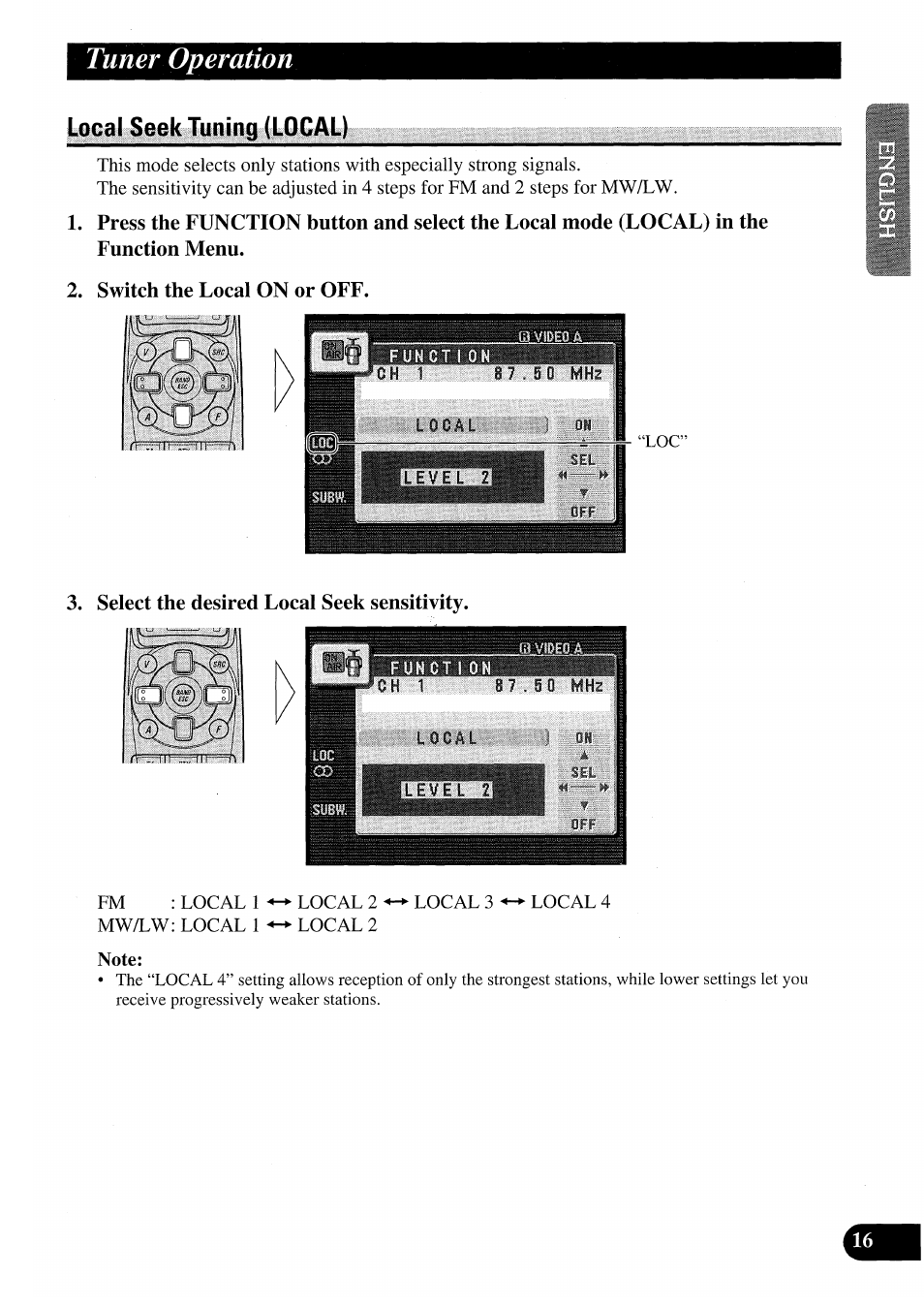 Local seek tuning (local), Switch the local on or off, Select the desired local seek sensitivity | Tuner operation | Pioneer AVM-P7000R User Manual | Page 17 / 124