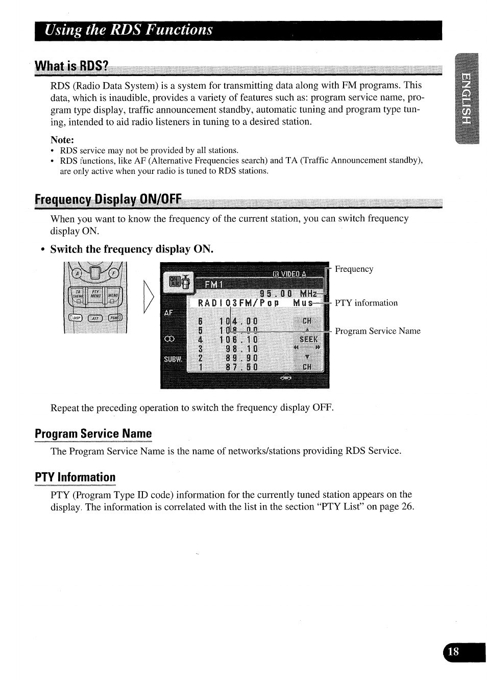 What is rds, Frequency display on/off, Switch the frequency display on | Program service name, Pty information, Whatisrds? frequency display on/off, Using the rds functions, Iii lit, Seek, H-^ subw | Pioneer AVM-P7000R User Manual | Page 19 / 124