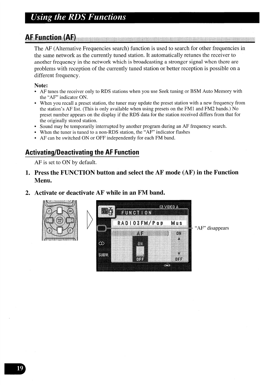 Activating/deactivating the af function, Activate or deactivate af while in an fm band, Using the rds functions | Pioneer AVM-P7000R User Manual | Page 20 / 124