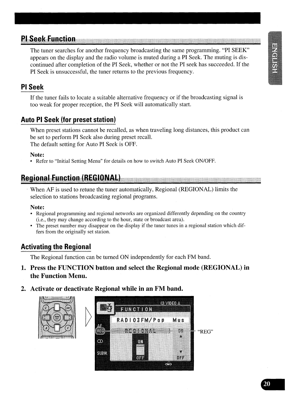 Pi seek, Auto pi seek (for preset station), Regional function (regional) | Activating the regional | Pioneer AVM-P7000R User Manual | Page 21 / 124