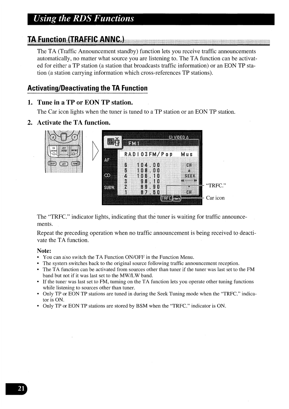Ta function (traffic annc.), Activating/deactivating the ta function, Tune in a tp or eon tp station | Activate the ta function, Using the rds functions | Pioneer AVM-P7000R User Manual | Page 22 / 124