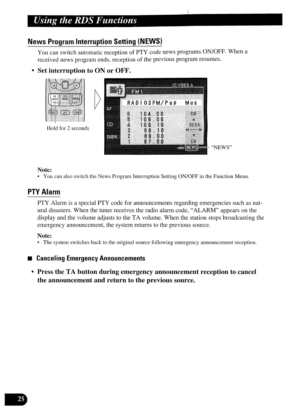 News program interruption setting (news), Set interruption to on or off, Pty alarm | Using the rds functions | Pioneer AVM-P7000R User Manual | Page 26 / 124