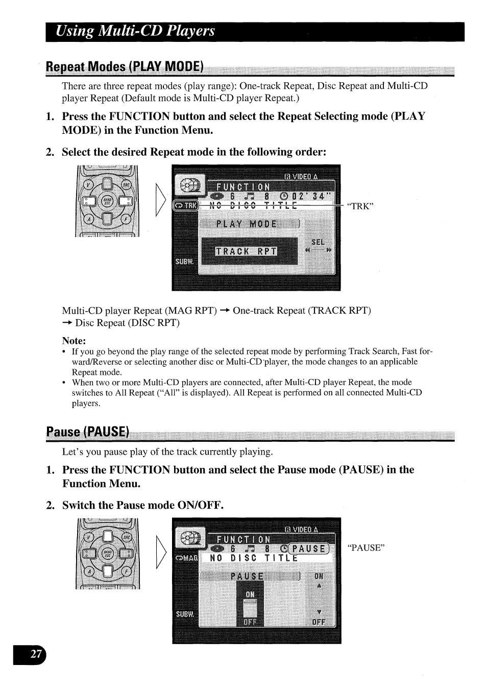 Repeat modes (play mode), Pause (pause), Function menu | Switch the pause mode on/off, Using multi-cd players | Pioneer AVM-P7000R User Manual | Page 28 / 124