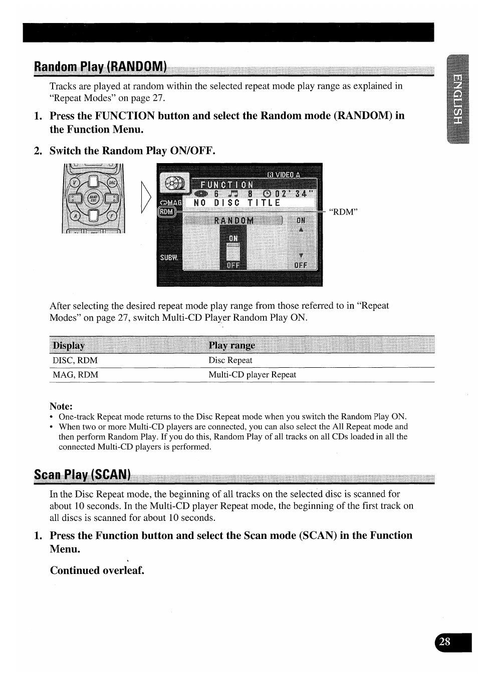 Random play (random), Switch the random play on/off, Scan play (scan) | Continued overleaf | Pioneer AVM-P7000R User Manual | Page 29 / 124