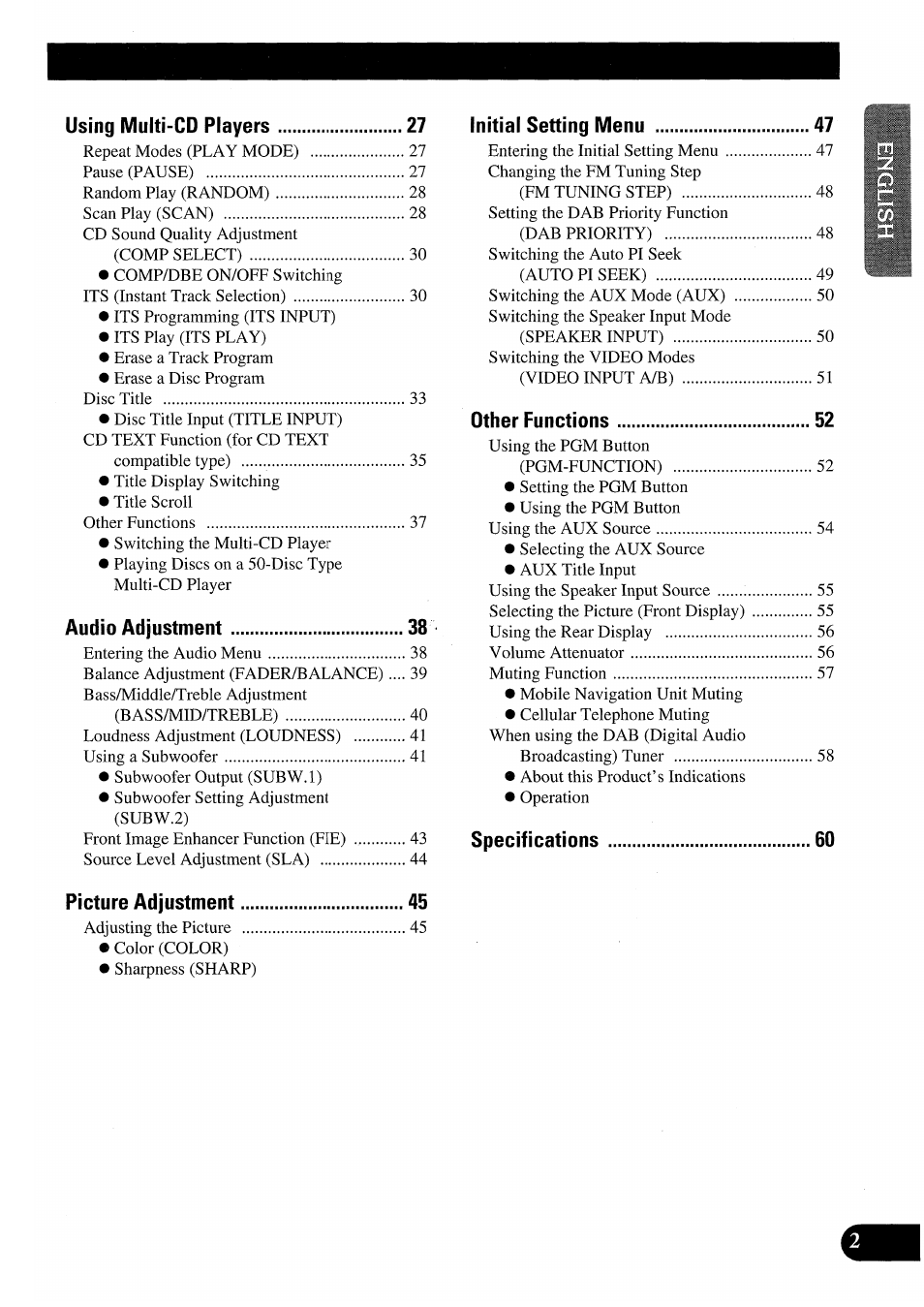 Using multi-cd players, Audio adjustment, Picture adjustment | Initial setting menu, Other functions, Specifications | Pioneer AVM-P7000R User Manual | Page 3 / 124