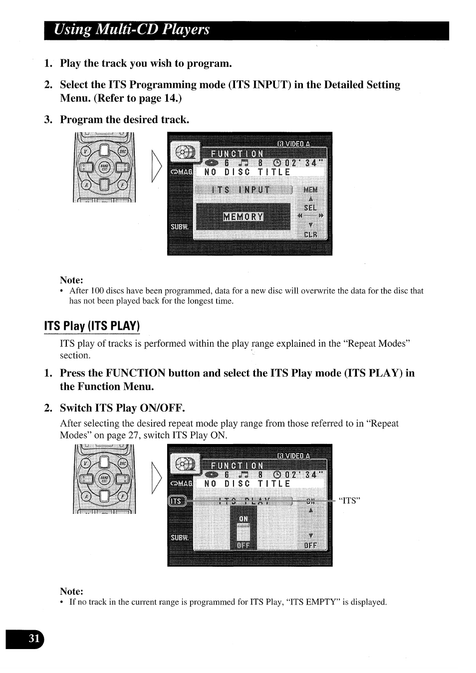 Play the track you wish to program, Program the desired track, Its play (its play) | Switch its play on/off, Using multi-cd players | Pioneer AVM-P7000R User Manual | Page 32 / 124