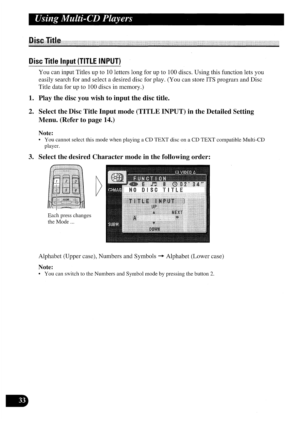Disc title, Disc title input (title input), Play the disc you wish to input the disc title | Using multi-cd players | Pioneer AVM-P7000R User Manual | Page 34 / 124