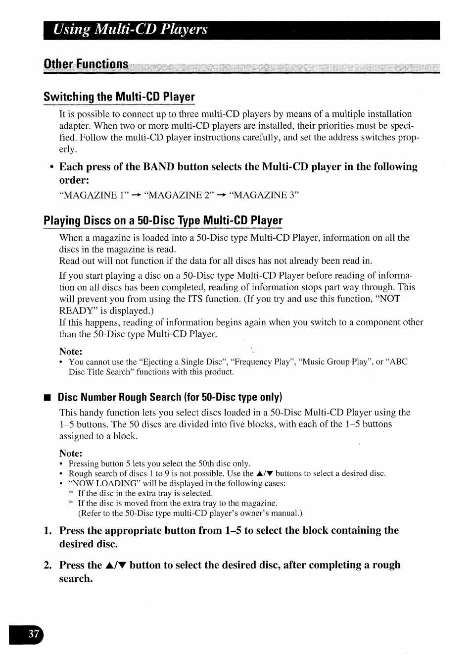 Other functions, Switching the multi-cd player, Playing discs on a 50-disc type multi-cd player | Press the search, Using multi-cd players | Pioneer AVM-P7000R User Manual | Page 38 / 124