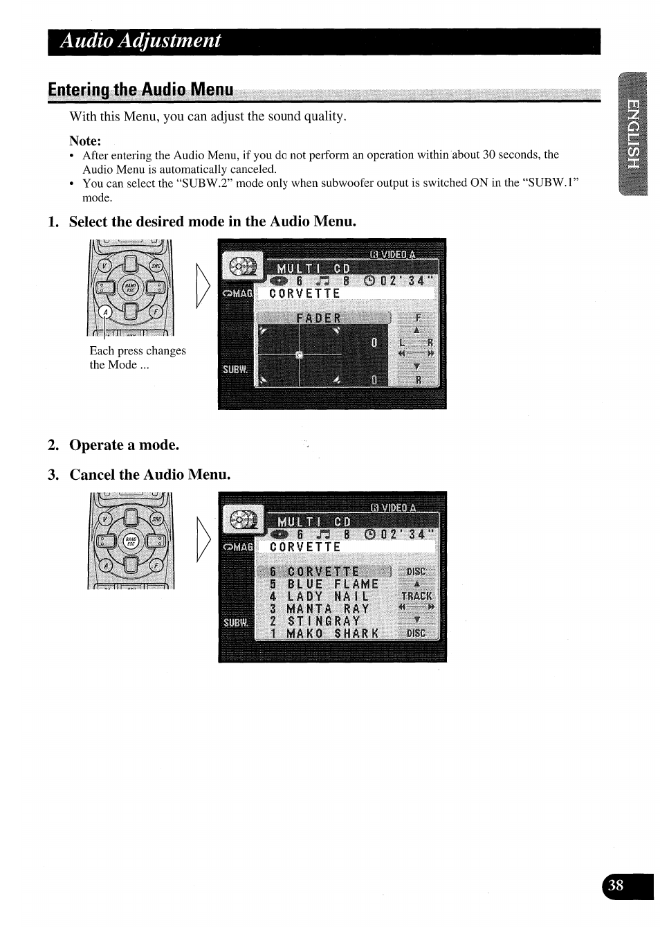 Entering the audio menu, Select the desired mode in the audio menu, Operate a mode | Cancel the audio menu, Audio adjustment, Operate a mode. 3. cancel the audio menu | Pioneer AVM-P7000R User Manual | Page 39 / 124