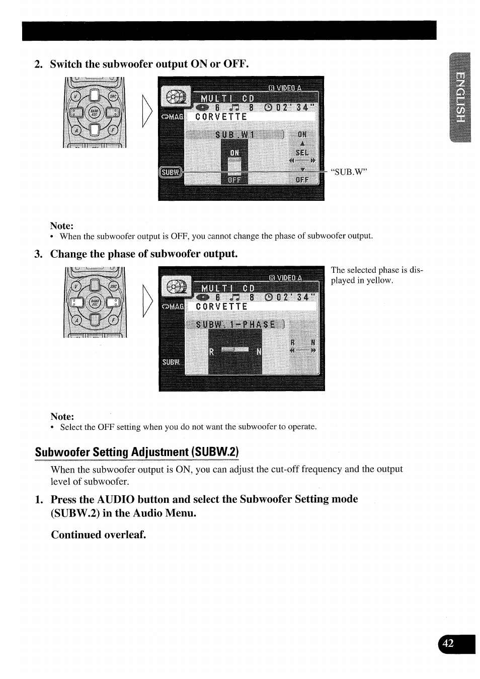 Change the phase of subwoofer output, Subwoofer setting adjustment (subw.2), Continued overleaf | Pioneer AVM-P7000R User Manual | Page 43 / 124