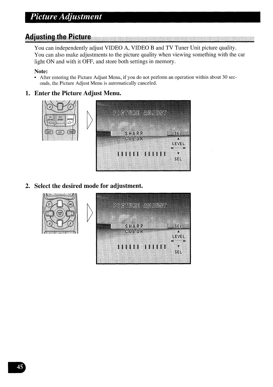 Adjusting the picture, Enter the picture adjust menu, Select the desired mode for adjustment | Picture adjustment | Pioneer AVM-P7000R User Manual | Page 46 / 124