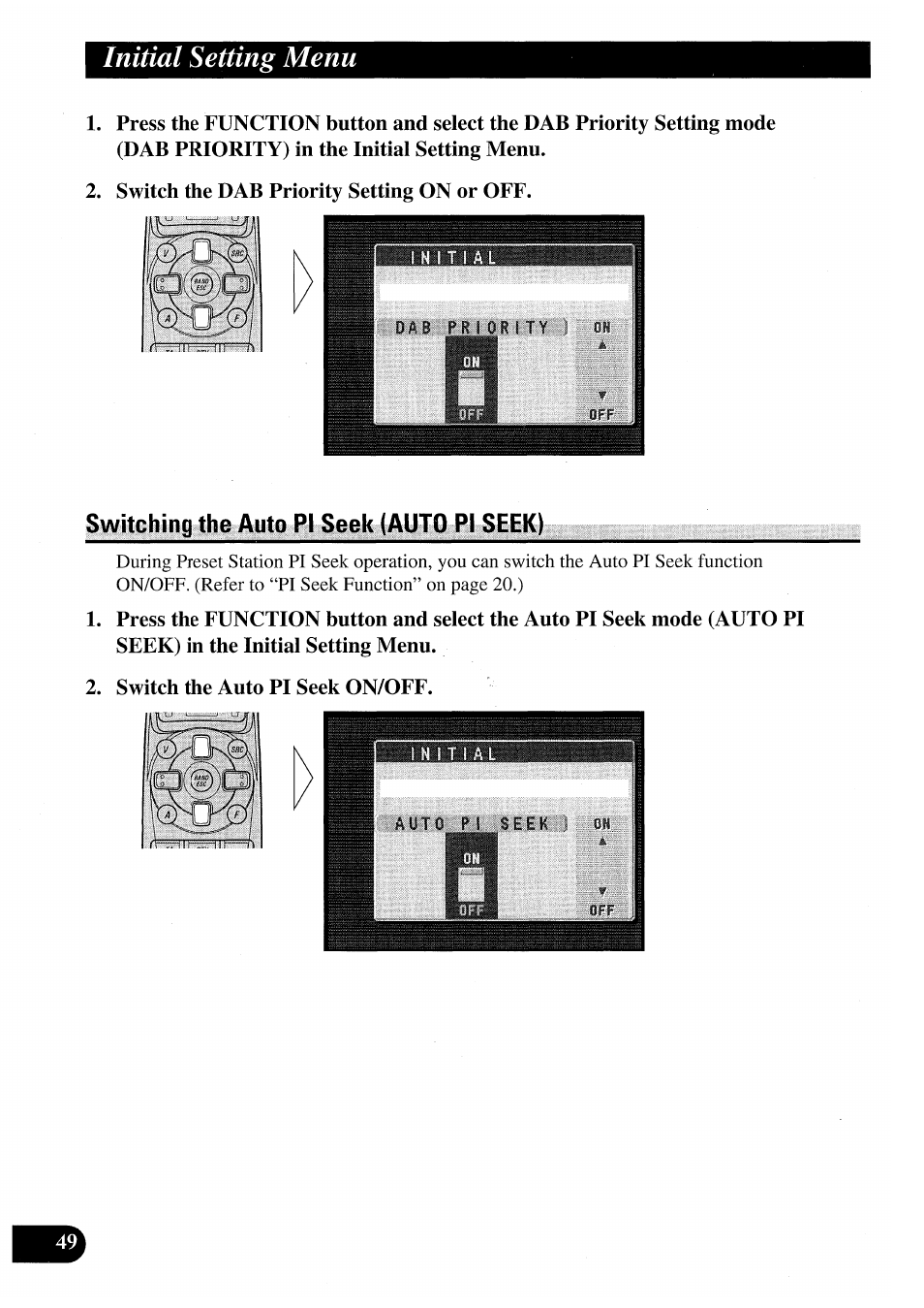 Switching the auto pi seek (auto pi seek), Initial setting menu | Pioneer AVM-P7000R User Manual | Page 50 / 124