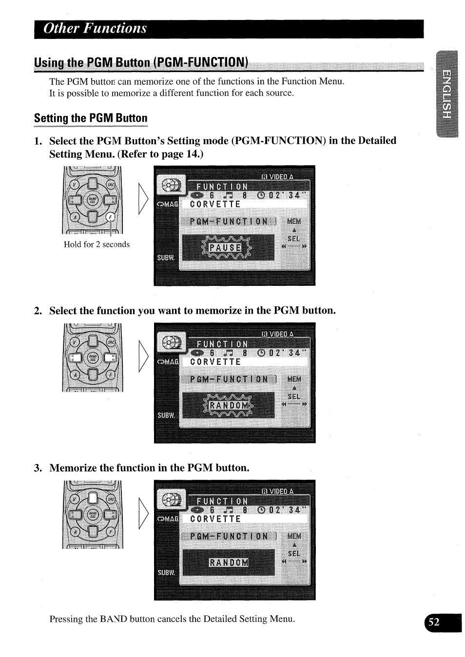 Using the pgm button (pgm-function), Setting the pgm button, Memorize the function in the pgm button | Other functions | Pioneer AVM-P7000R User Manual | Page 53 / 124