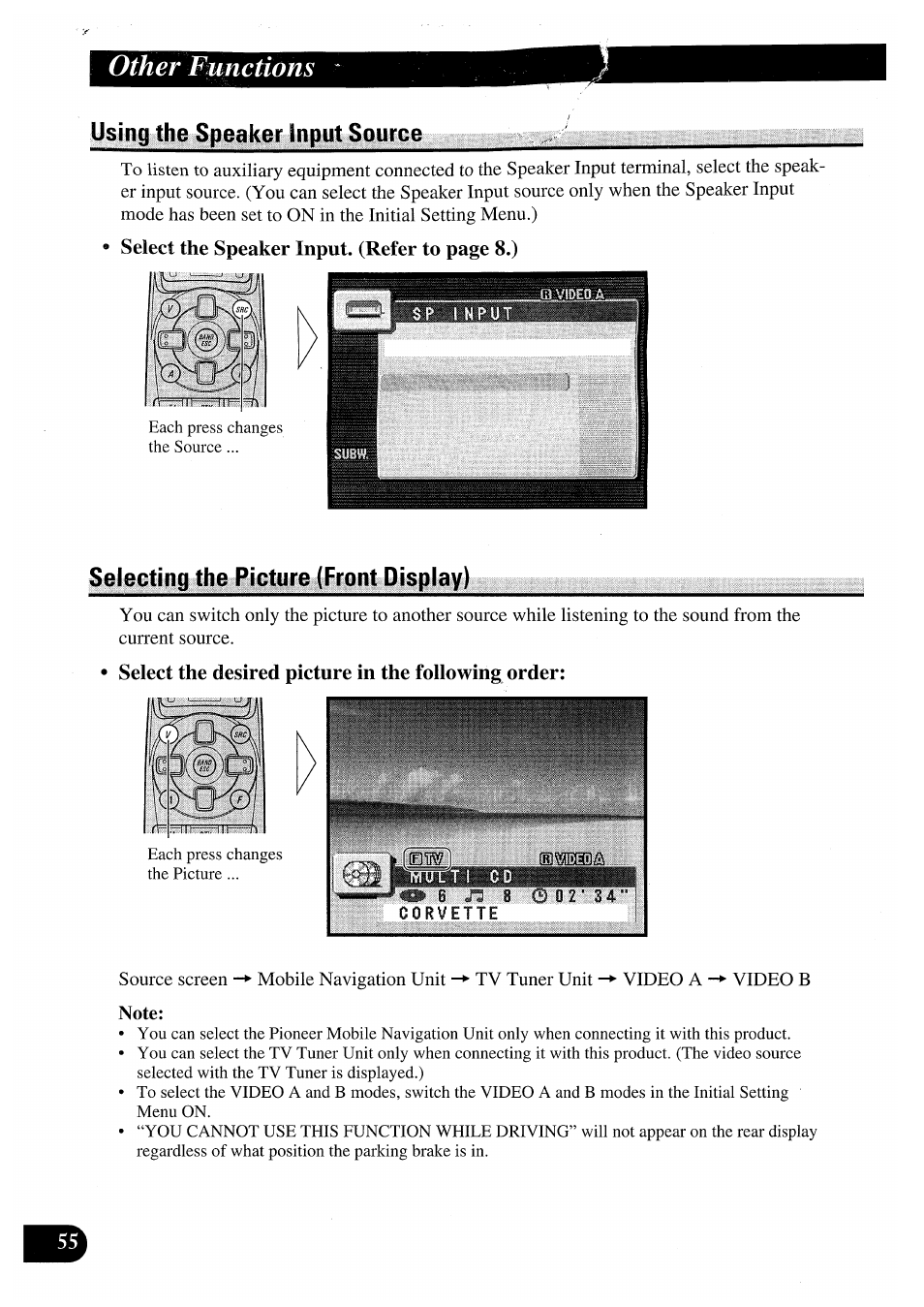 Using the speaker input source, Selecting the picture (front display), Select the desired picture in the following order | Other functions, Select the speaker input. (refer to page 8.) | Pioneer AVM-P7000R User Manual | Page 56 / 124