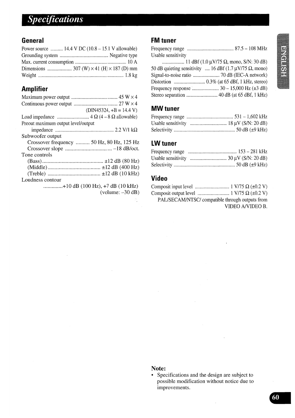 Specifications | Pioneer AVM-P7000R User Manual | Page 61 / 124