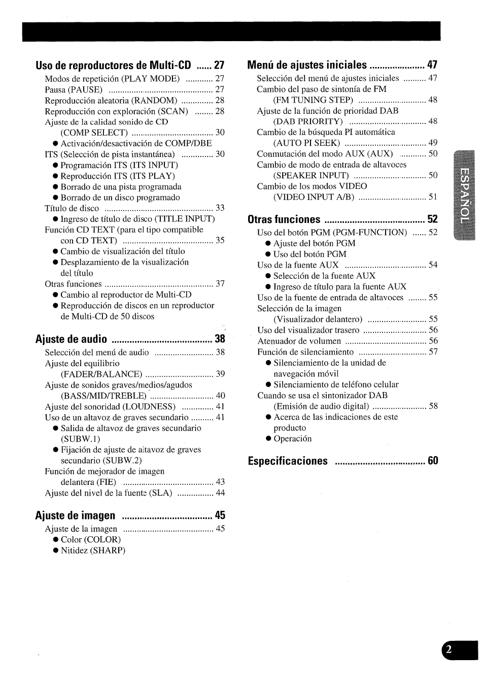 Uso de reproductores de multi-cd, Ajuste de audio, Ajuste de imagen | Menú de ajustes iniciales, Otras funciones, Especificaciones | Pioneer AVM-P7000R User Manual | Page 63 / 124