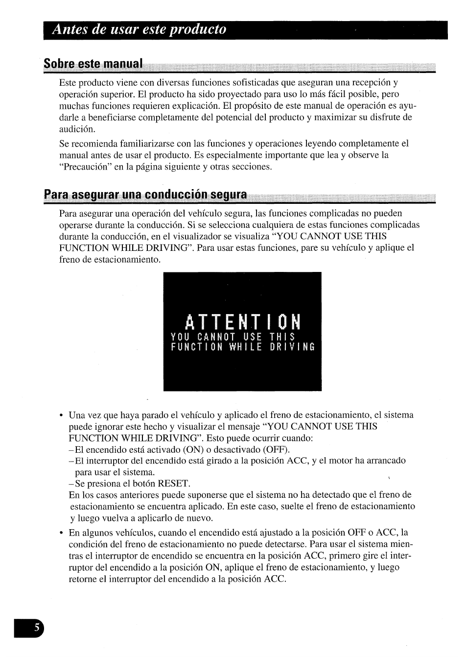 Sobre este manual, Para asegurar una conducción segura, Antes de usar este producto | Pioneer AVM-P7000R User Manual | Page 66 / 124