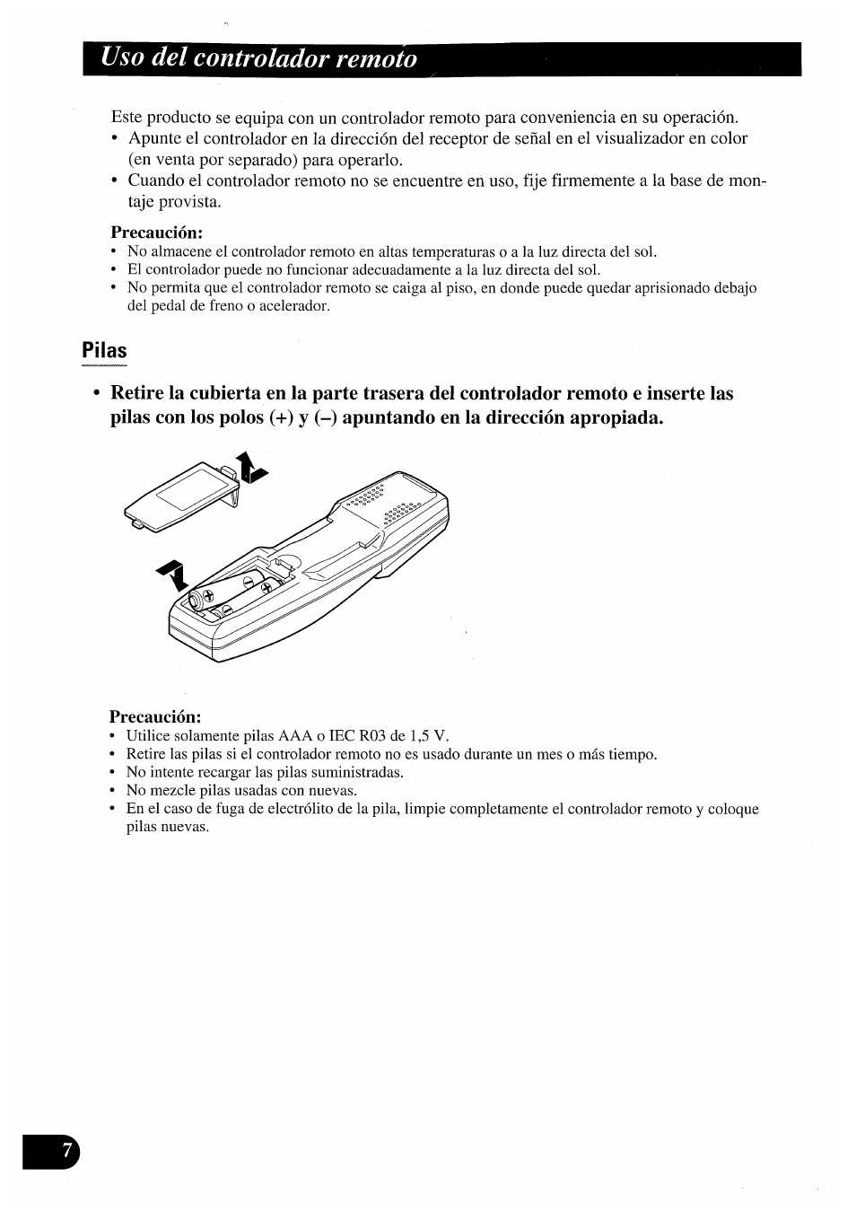 Pilas, Uso del controlador remoto | Pioneer AVM-P7000R User Manual | Page 68 / 124