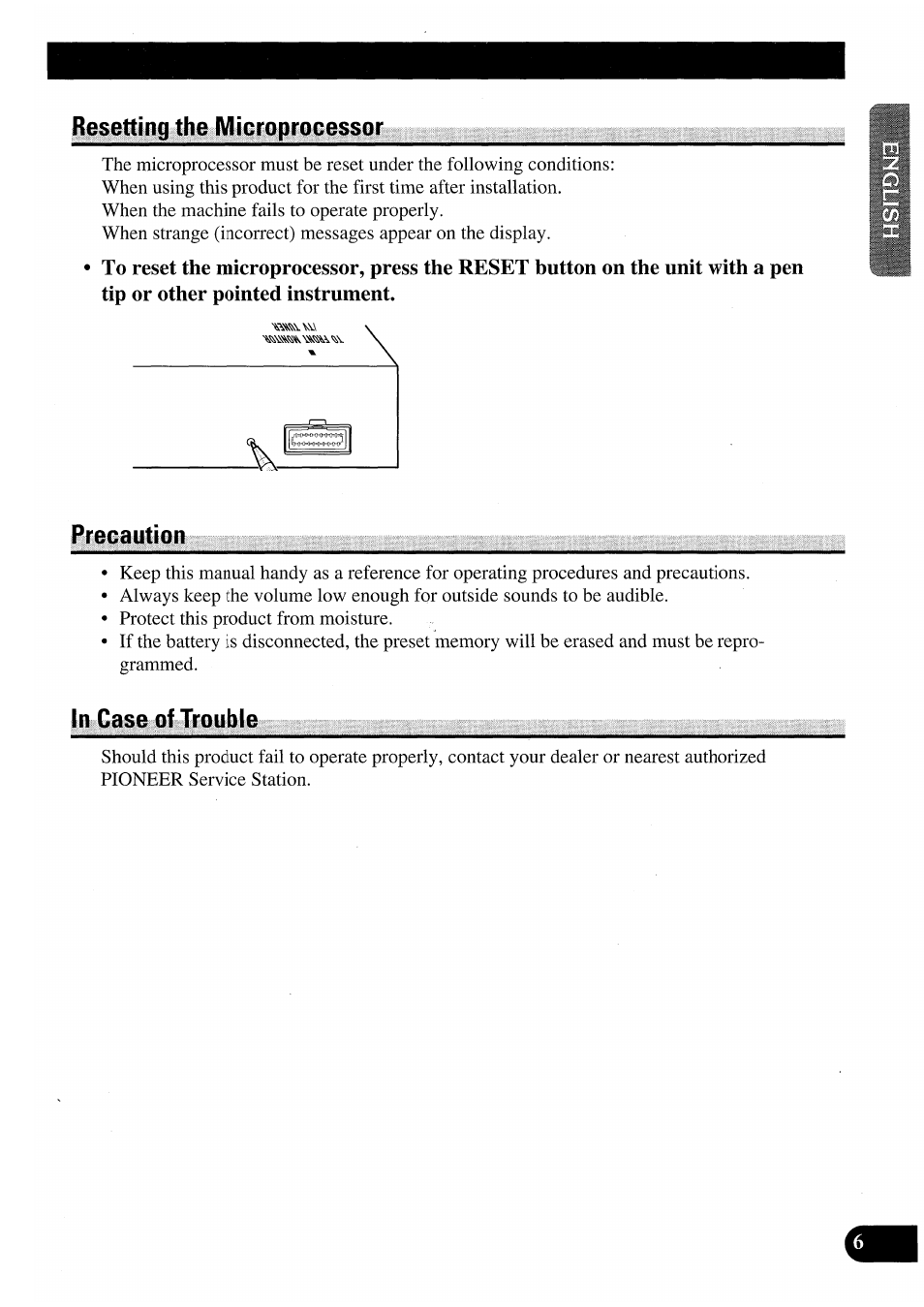 Resetting the microprocessor, Precaution, In case of trouble | Precaution in case of trouble | Pioneer AVM-P7000R User Manual | Page 7 / 124