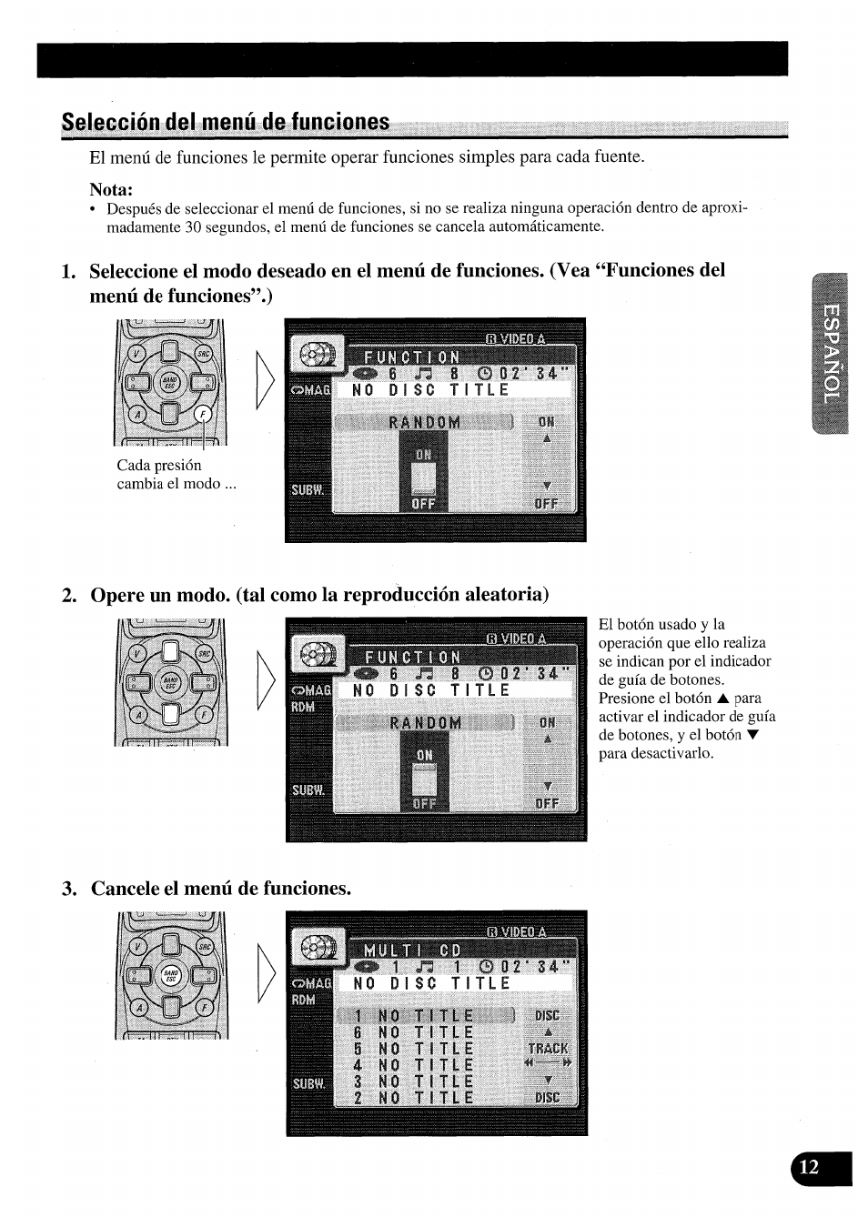 Selección del menú de funciones, Cancele el menú de funciones | Pioneer AVM-P7000R User Manual | Page 73 / 124