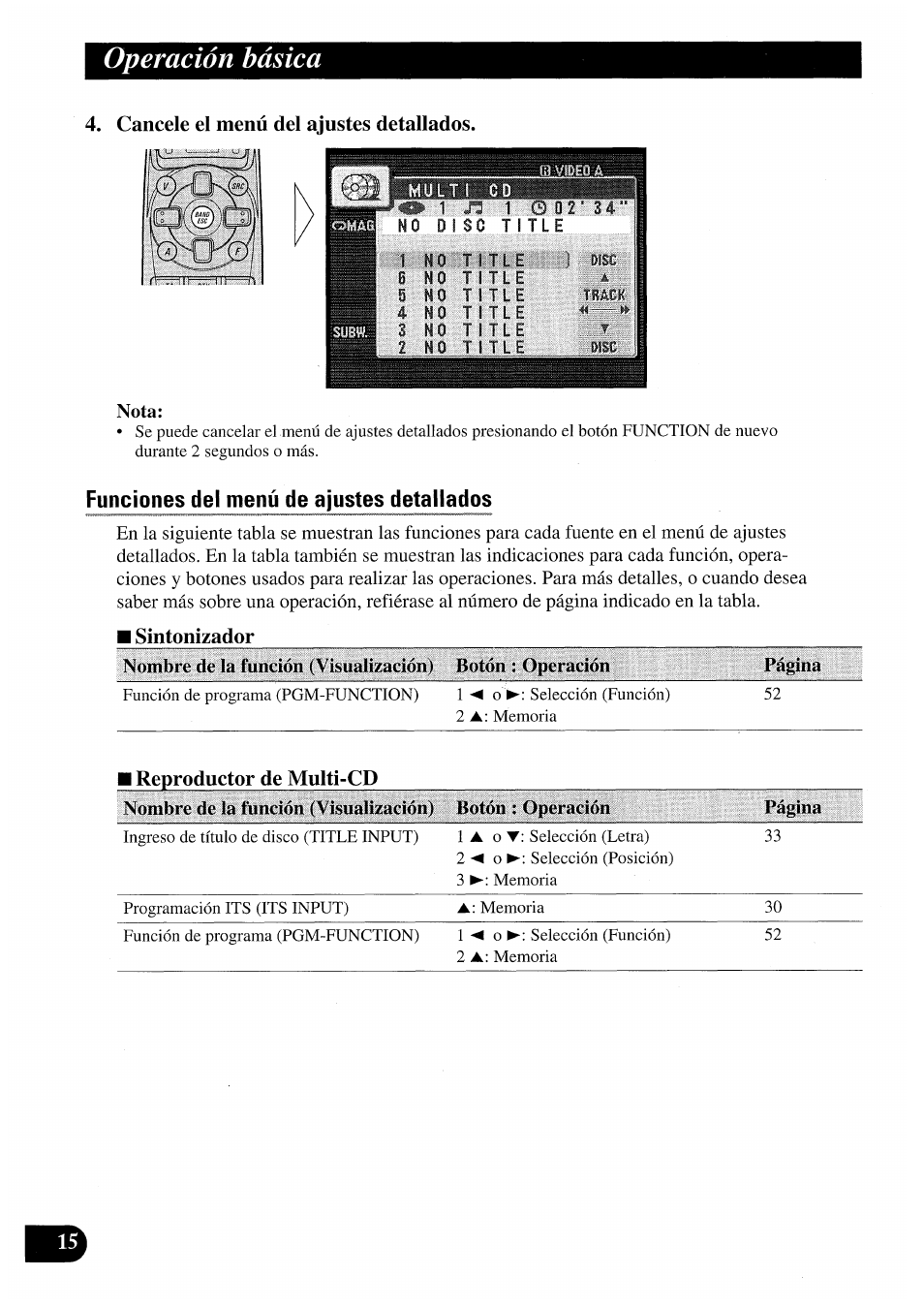 Cancele el menú del ajustes detallados, Funciones del menú de ajustes detallados, I sintonizador | Operación básica, Cancele el menú del ajustes detallados. nota, Operación página | Pioneer AVM-P7000R User Manual | Page 76 / 124