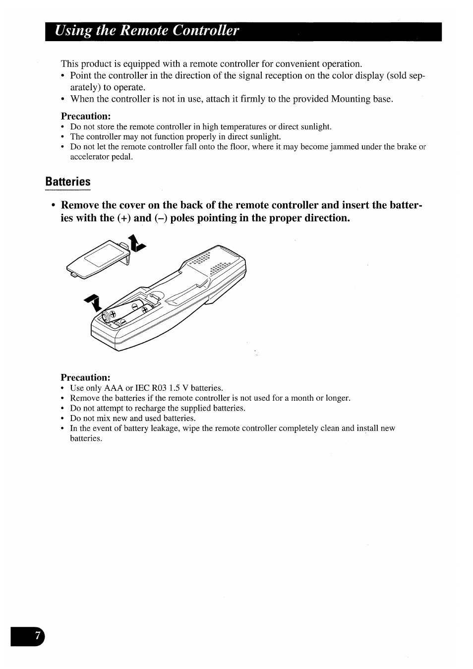 Using the remote controller, Batteries | Pioneer AVM-P7000R User Manual | Page 8 / 124