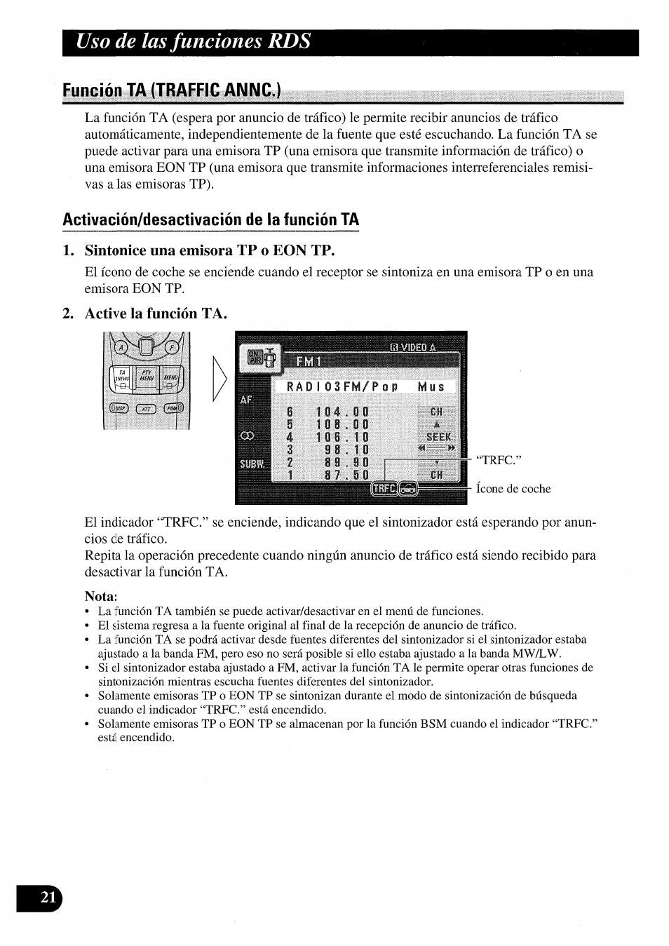 Activación/desactivación de la función ta, Sintonice una emisora tp o eon tp, Active la función ta | Uso de las funciones rds, Nota | Pioneer AVM-P7000R User Manual | Page 82 / 124
