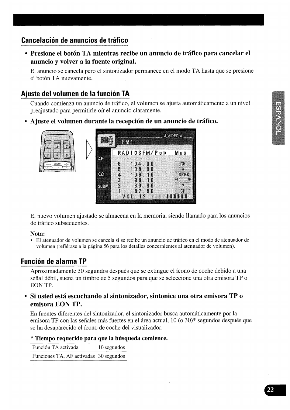 Cancelación de anuncios de tráfico, Ajuste del volumen de la función ta, Función de alarma tp | Pioneer AVM-P7000R User Manual | Page 83 / 124