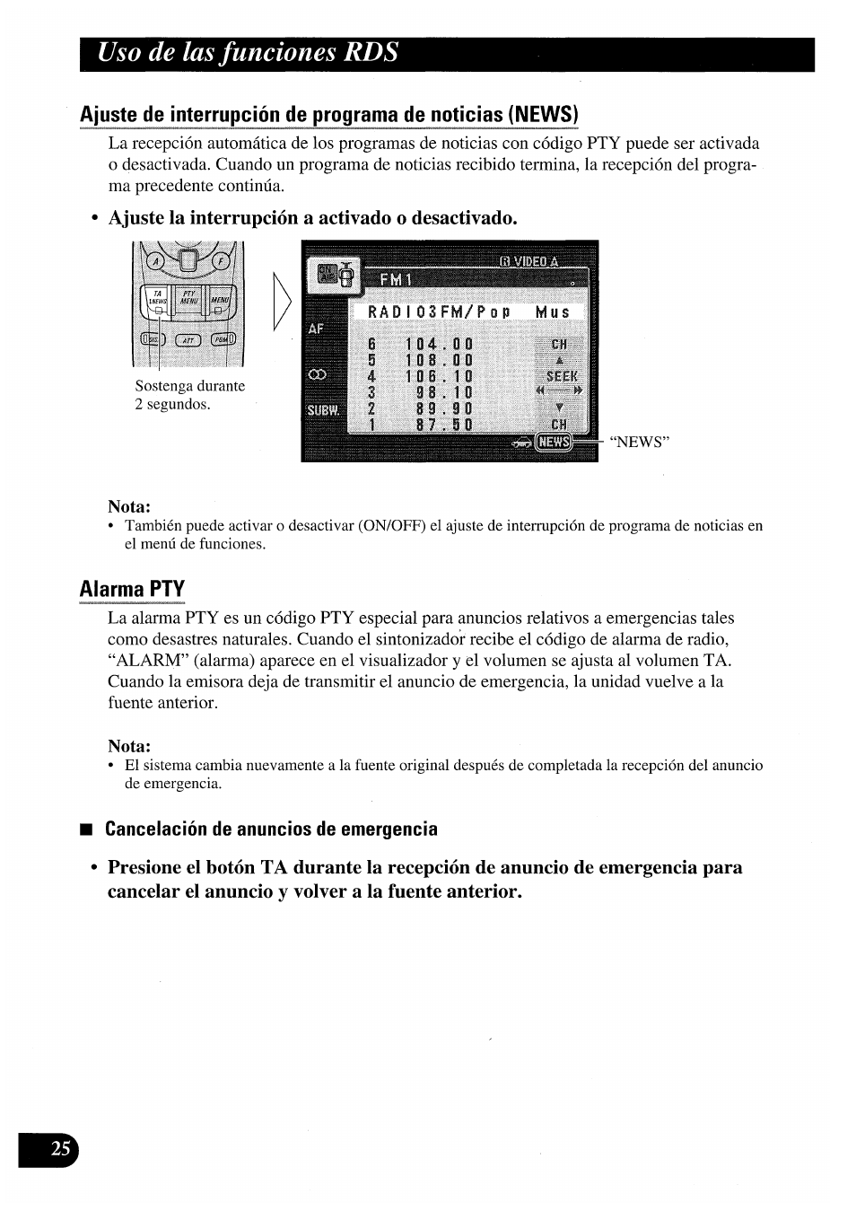 Ajuste la interrupción a activado o desactivado, Alarma pty, Uso de las funciones rds | Pioneer AVM-P7000R User Manual | Page 86 / 124