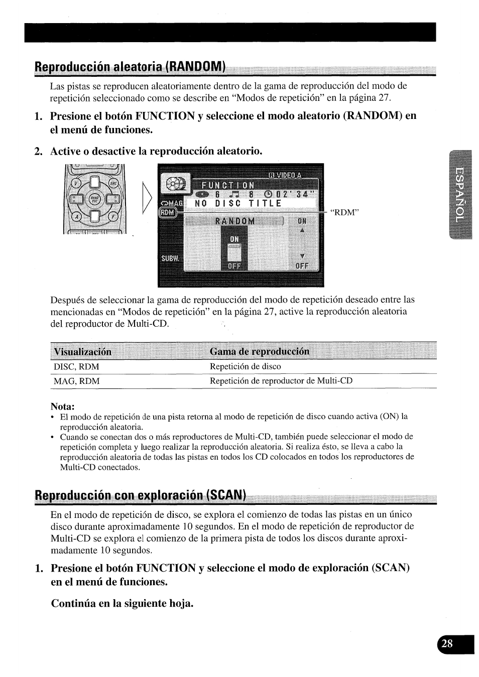 Active o desactive la reproducción aleatorio, Reproducción con exploración (scan), Continúa en la siguiente hoja | Pioneer AVM-P7000R User Manual | Page 89 / 124