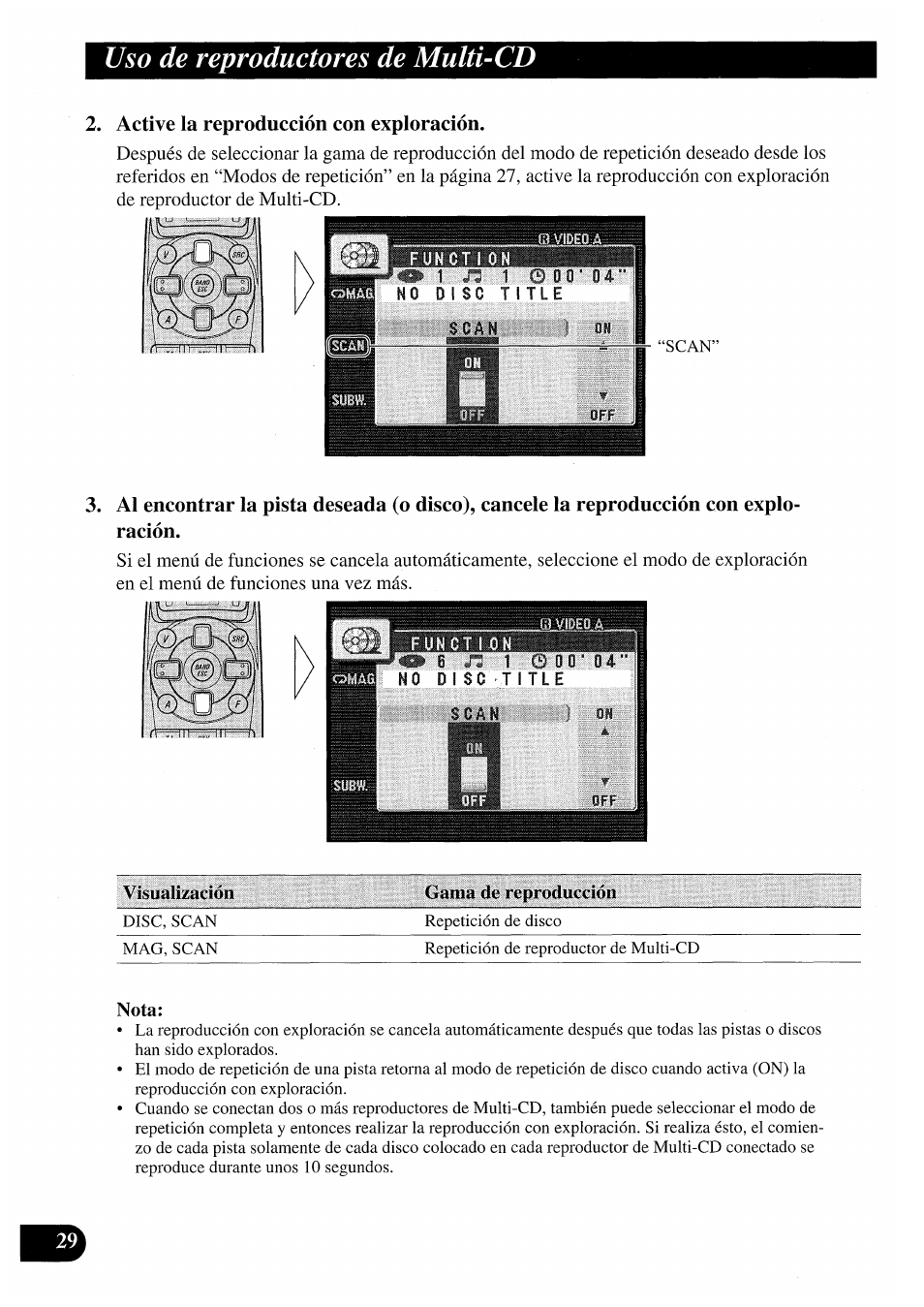 Active la reproducción con exploración, Uso de reproductores de multi-cd, Visualización gama de reproducción | Nota | Pioneer AVM-P7000R User Manual | Page 90 / 124