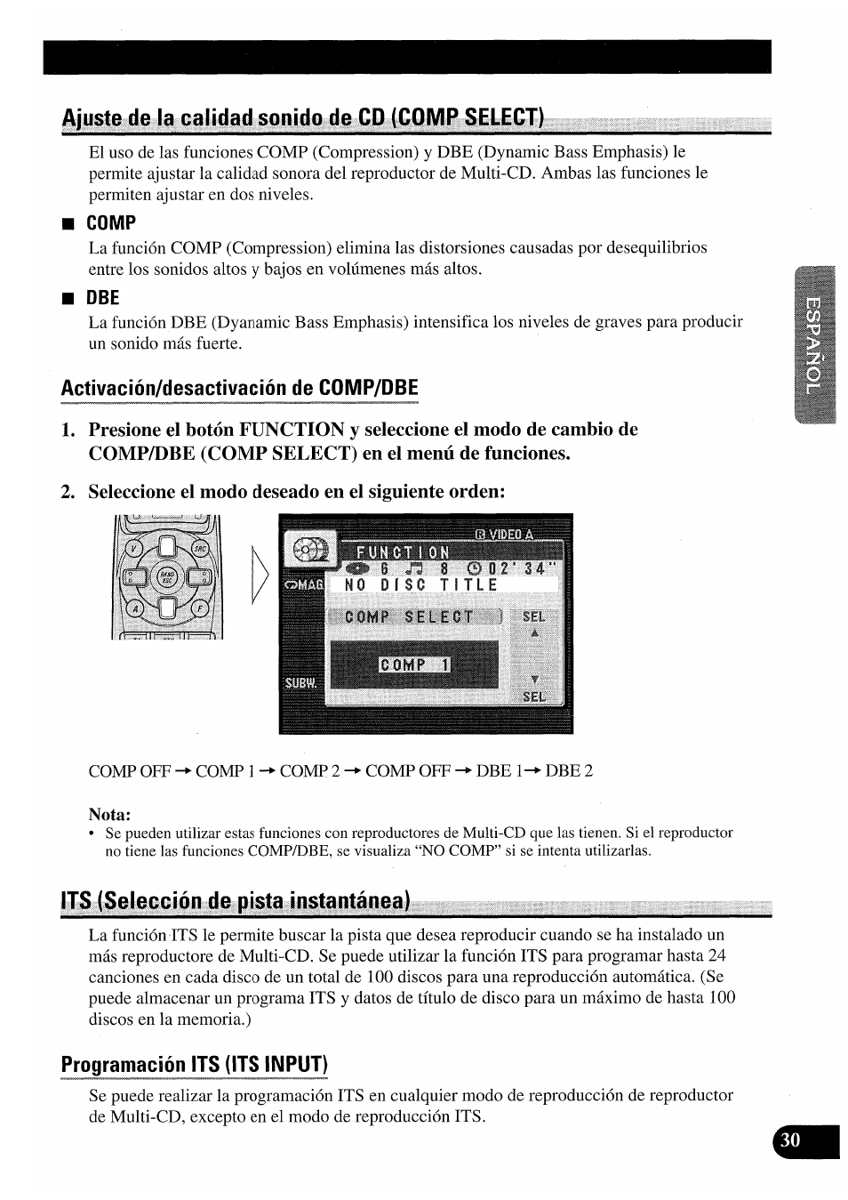Ajuste de la calidad sonido de cp (comp select), Activacíón/desactivación de comp/dbe, Seleccione el modo deseado en el siguiente orden | Its (selección de pista instantánea), Programación its (its input) | Pioneer AVM-P7000R User Manual | Page 91 / 124