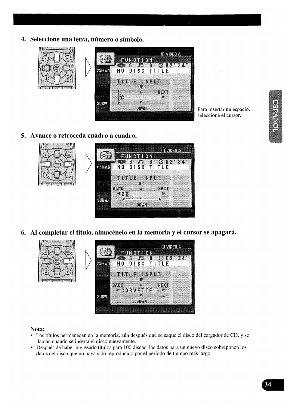 Seleccione una letra, número o símbolo, Avance o retroceda cuadro a cuadro | Pioneer AVM-P7000R User Manual | Page 95 / 124