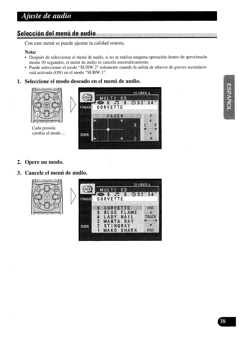Selección del menú de audio, Seleccione el modo deseado en el menú de audio, Opere un modo | Cancele el menú de audio, Ajuste de audio, Opere un modo. 3. cancele el menú de audio | Pioneer AVM-P7000R User Manual | Page 99 / 124