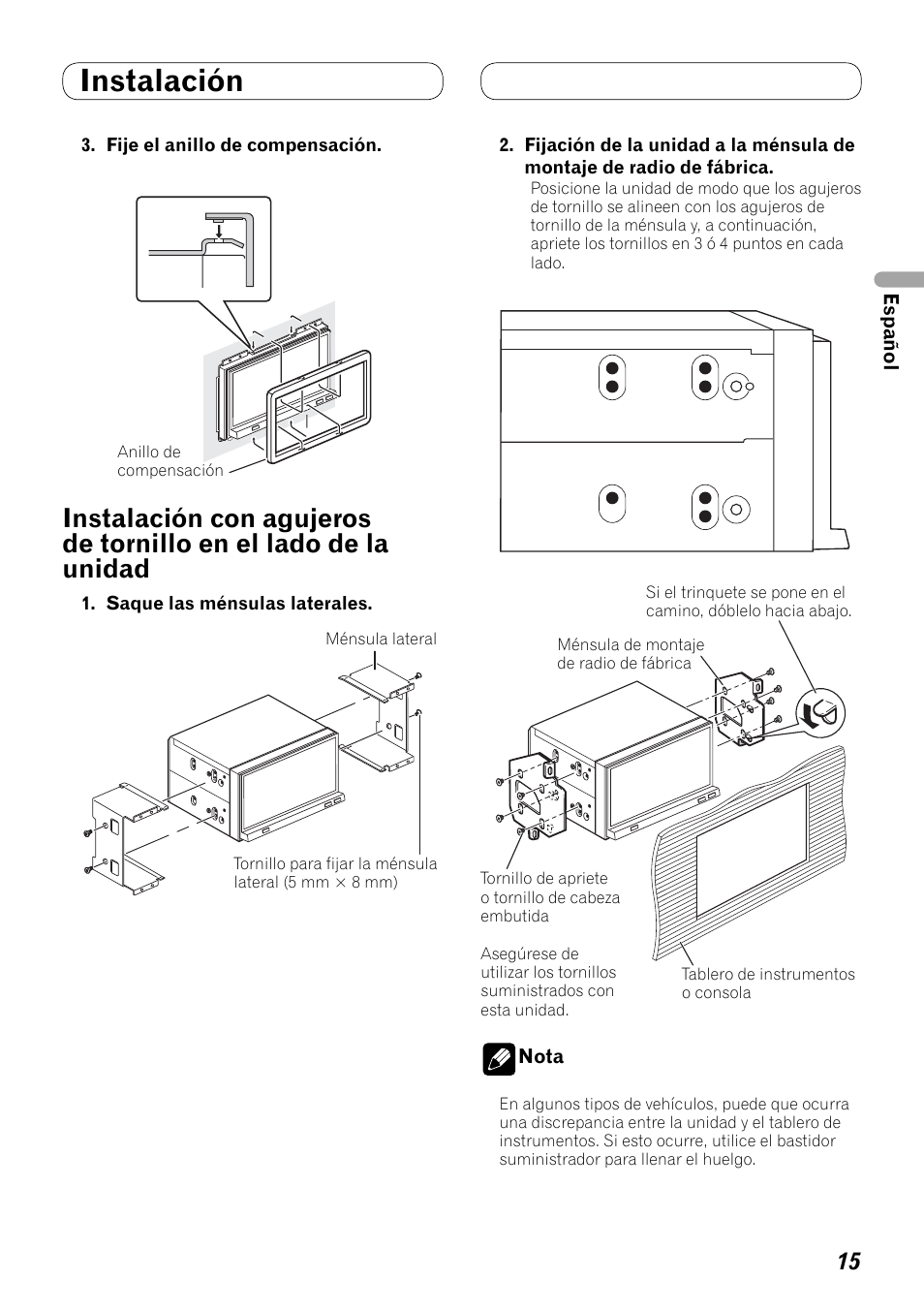 Instalación con agujeros de tornillo en, El lado de la unidad, Instalación | Pioneer AVH-P4100DVD User Manual | Page 29 / 86