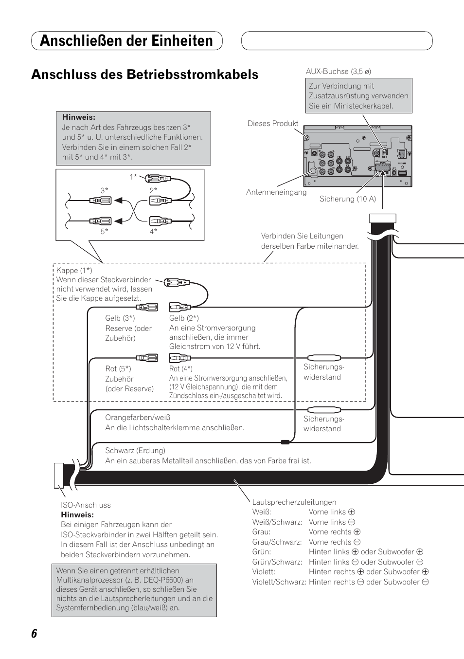 Anschluss des betriebsstromkabels, Anschließen der einheiten | Pioneer AVH-P4100DVD User Manual | Page 34 / 86