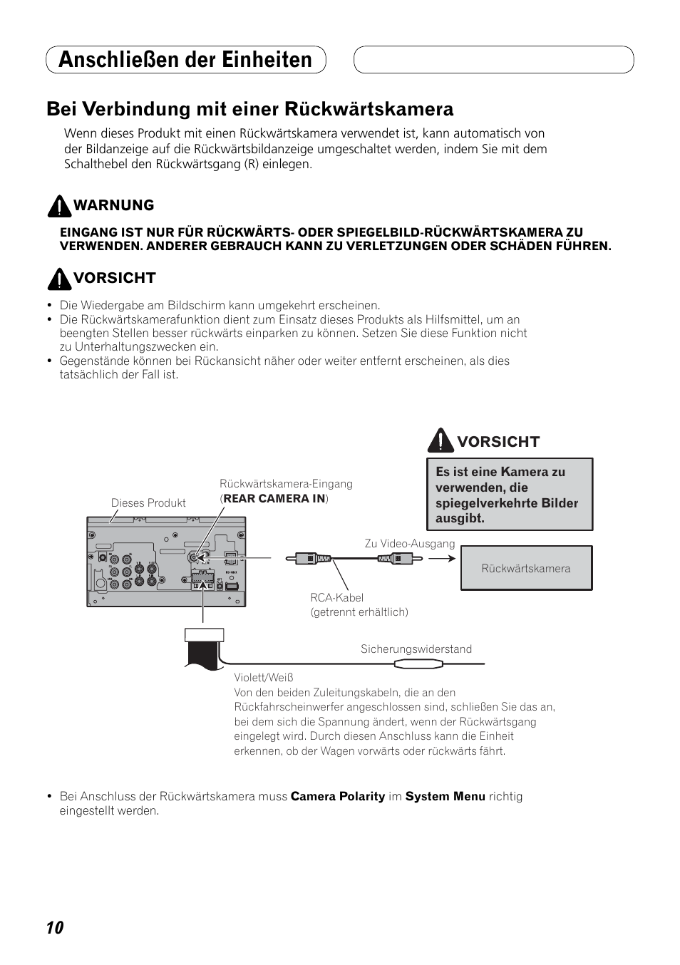 Bei verbindung mit einer, Rückwärtskamera, Anschließen der einheiten | Bei verbindung mit einer rückwärtskamera | Pioneer AVH-P4100DVD User Manual | Page 38 / 86