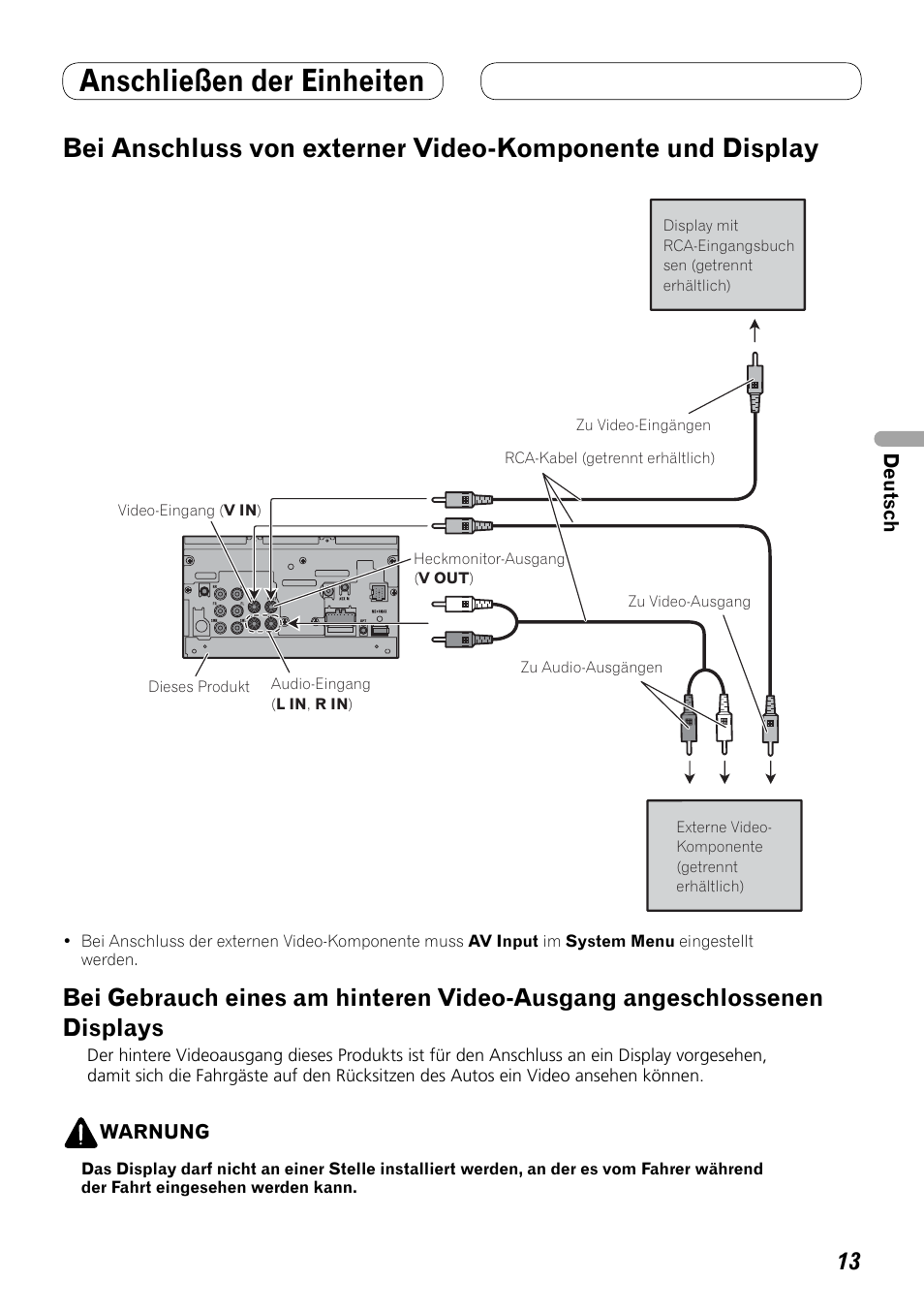 Bei anschluss von externer, Video-komponente und display, Bei gebrauch eines am hinteren video-ausgang | Angeschlossenen displays, Anschließen der einheiten | Pioneer AVH-P4100DVD User Manual | Page 41 / 86