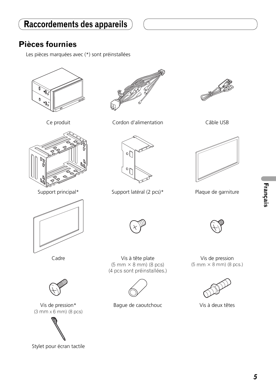 Pièces fournies, Raccordements des appareils | Pioneer AVH-P4100DVD User Manual | Page 47 / 86