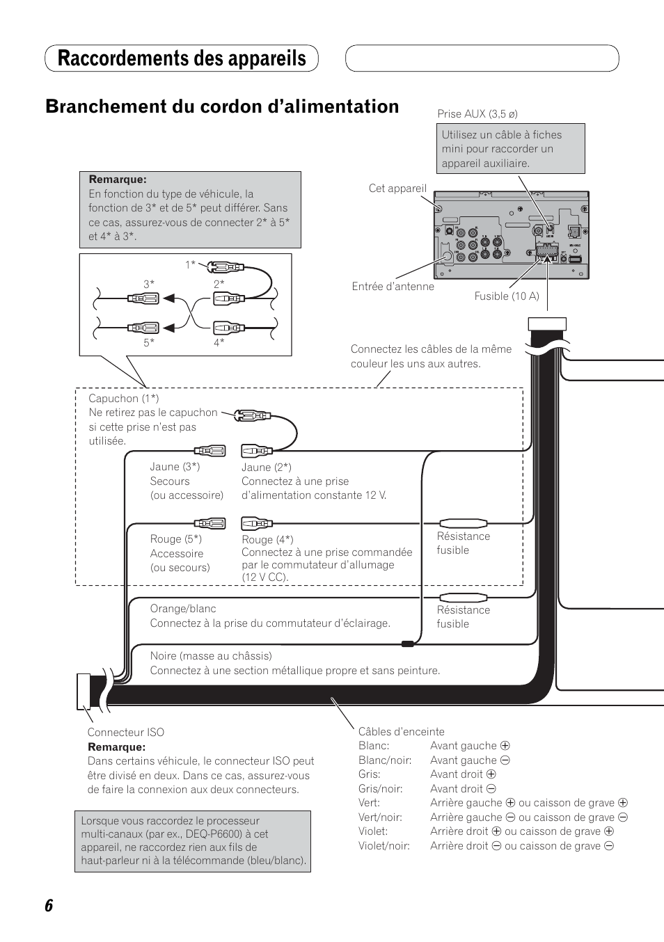 Branchement du cordon d’alimentation, Raccordements des appareils | Pioneer AVH-P4100DVD User Manual | Page 48 / 86