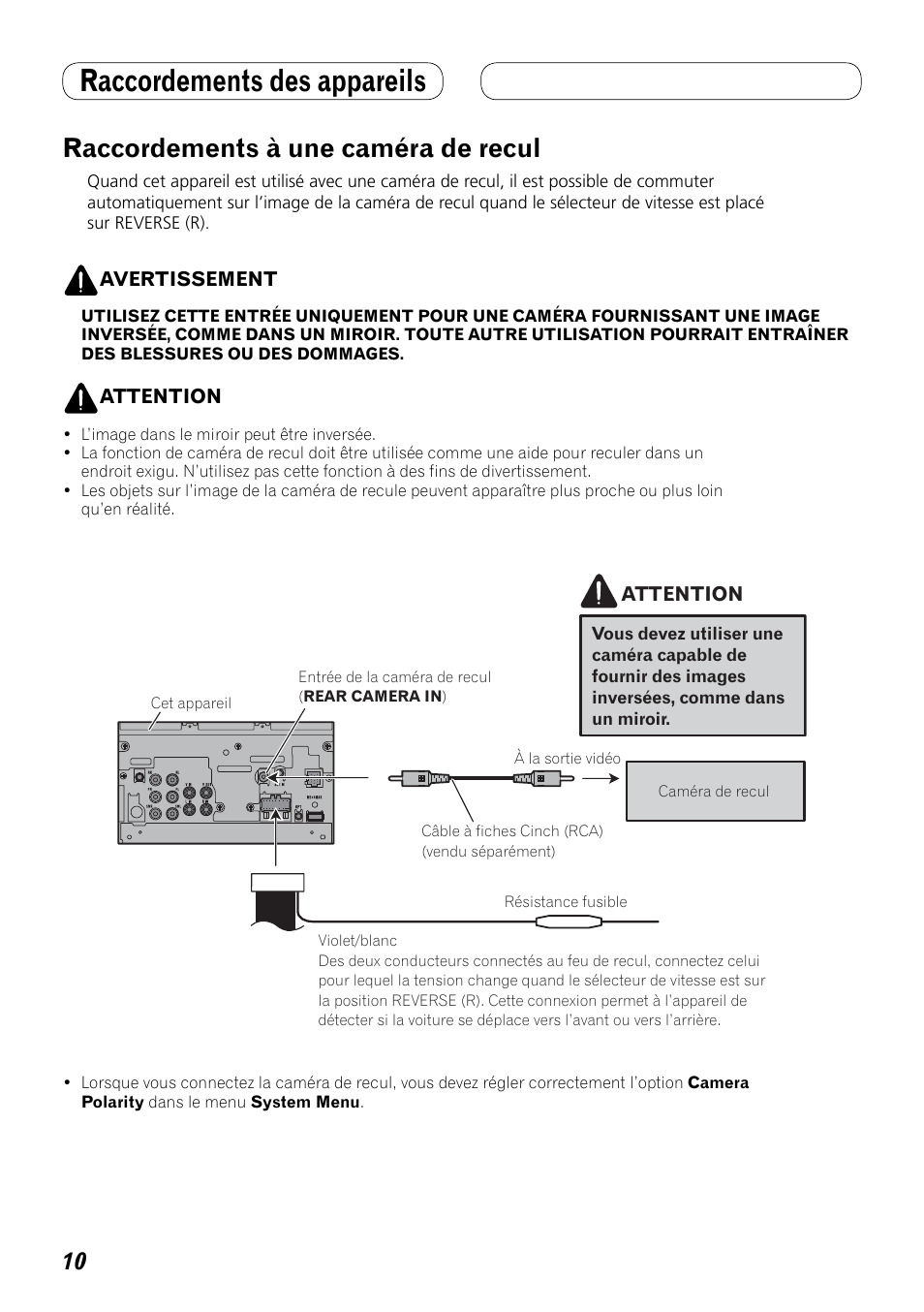 Raccordements à une caméra de recul, Raccordements des appareils | Pioneer AVH-P4100DVD User Manual | Page 52 / 86