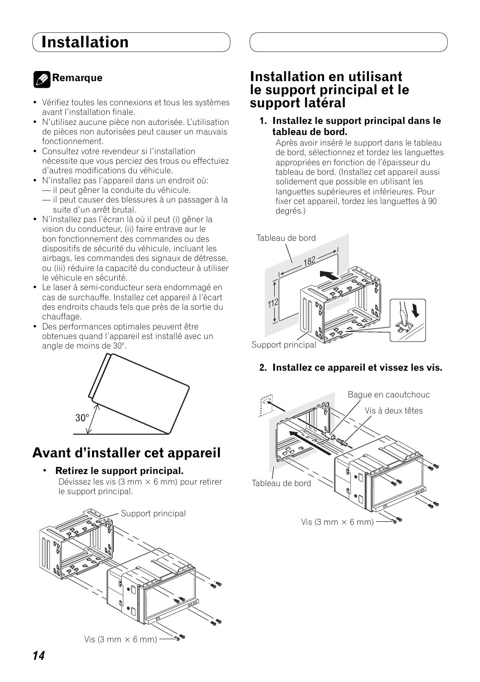 Installation, Et le support latéral, Avant d’installer cet appareil | Pioneer AVH-P4100DVD User Manual | Page 56 / 86